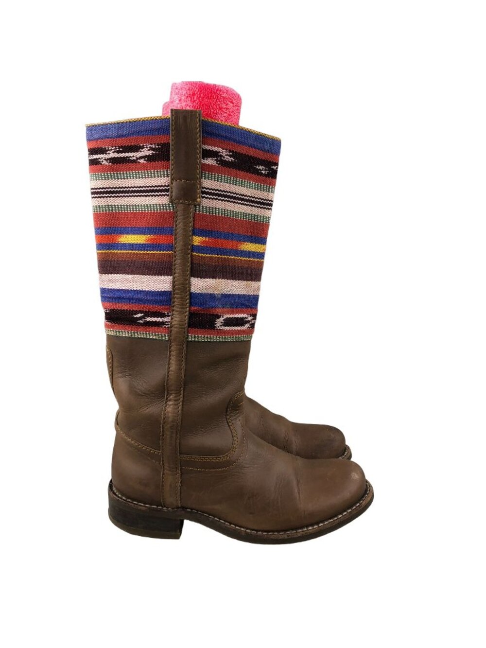 2568 Women's Size 5 Brown Leather Serape Multi Print Block Heel Pull On Boots
